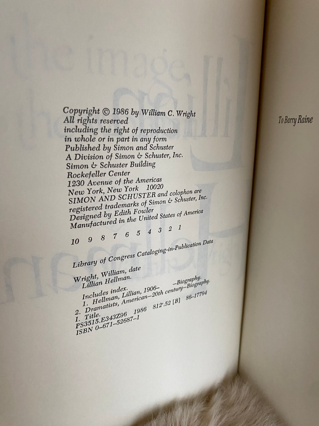 1986 First Edition - Lillian Hellman: The Image, The Woman, by William Wright