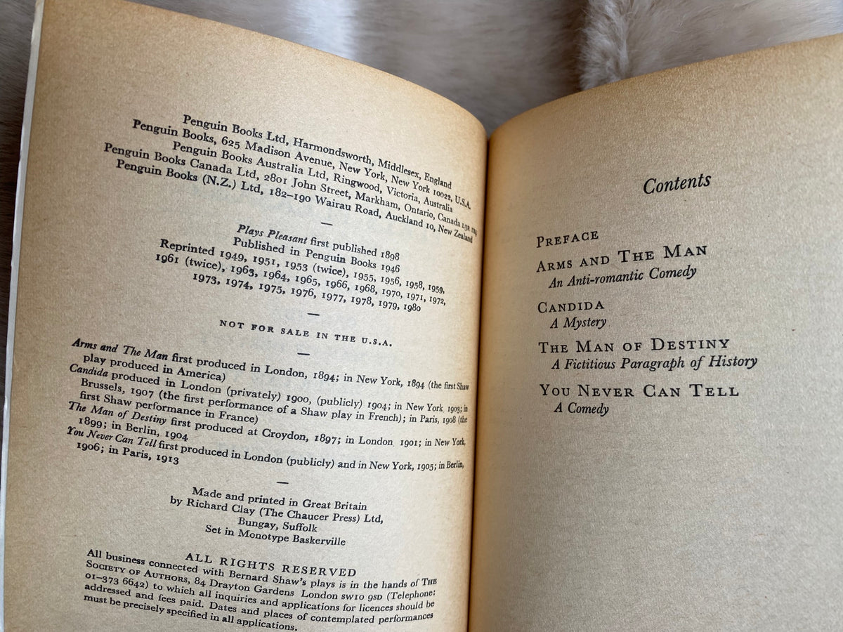 1980: Plays Pleasant: Arms and the Man, Candida, The Man of Destiny, You Never Can Tell, by Bernard Shaw