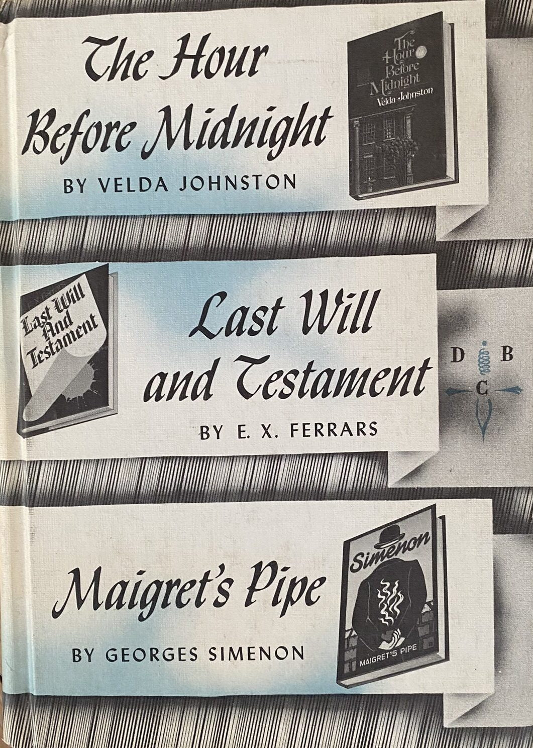 Set of Two Detective Book Club volumes: Eberhart, James, Allbeury, Johnston, Ferrars, Simenon