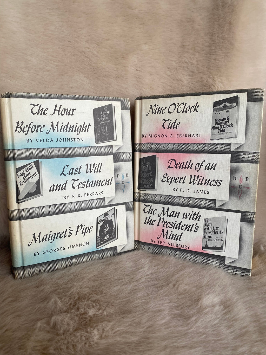 Set of Two Detective Book Club volumes: Eberhart, James, Allbeury, Johnston, Ferrars, Simenon