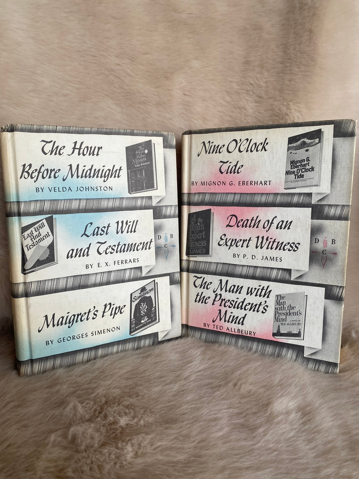 Set of Two Detective Book Club volumes: Eberhart, James, Allbeury, Johnston, Ferrars, Simenon