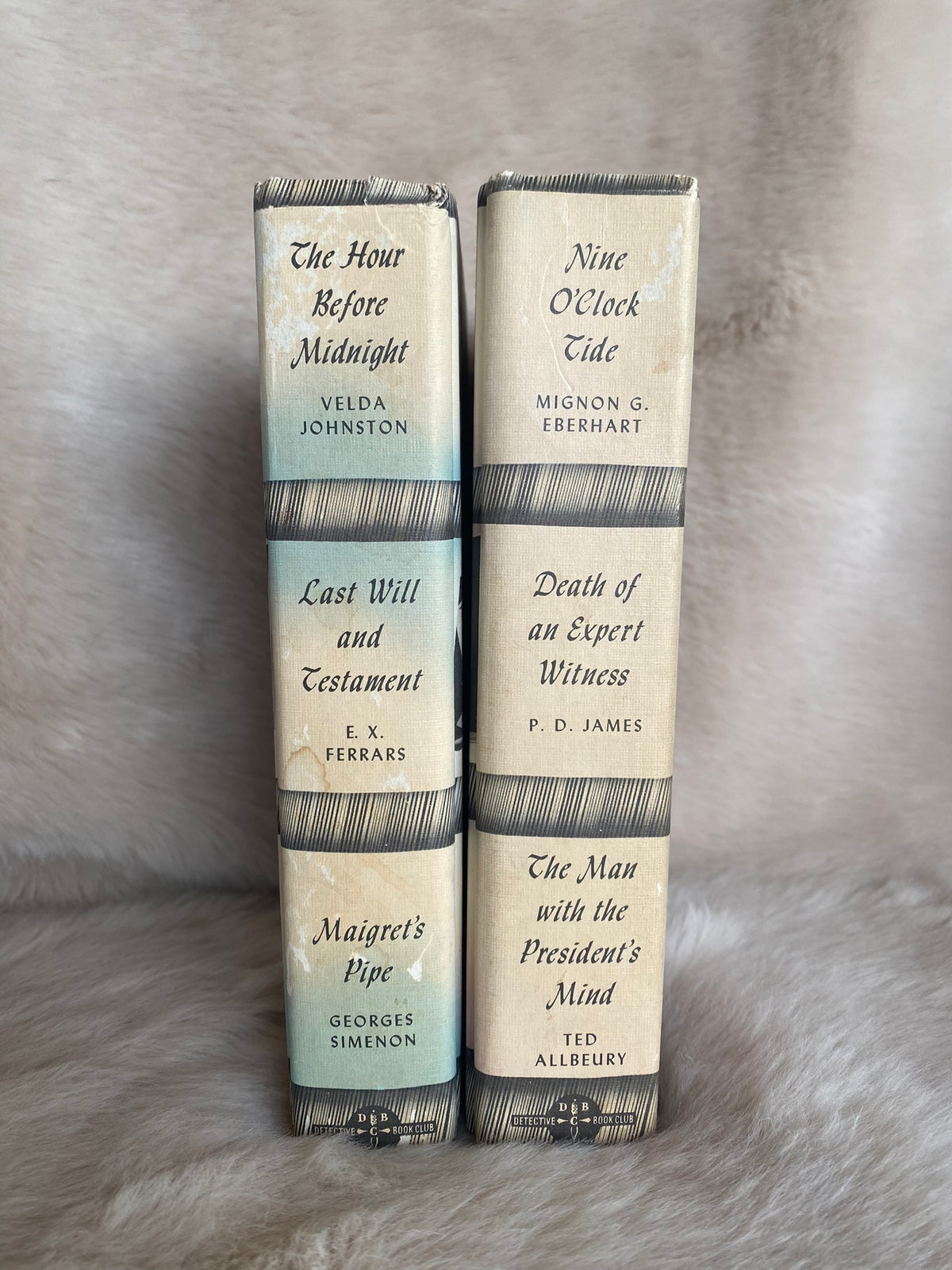 Set of Two Detective Book Club volumes: Eberhart, James, Allbeury, Johnston, Ferrars, Simenon