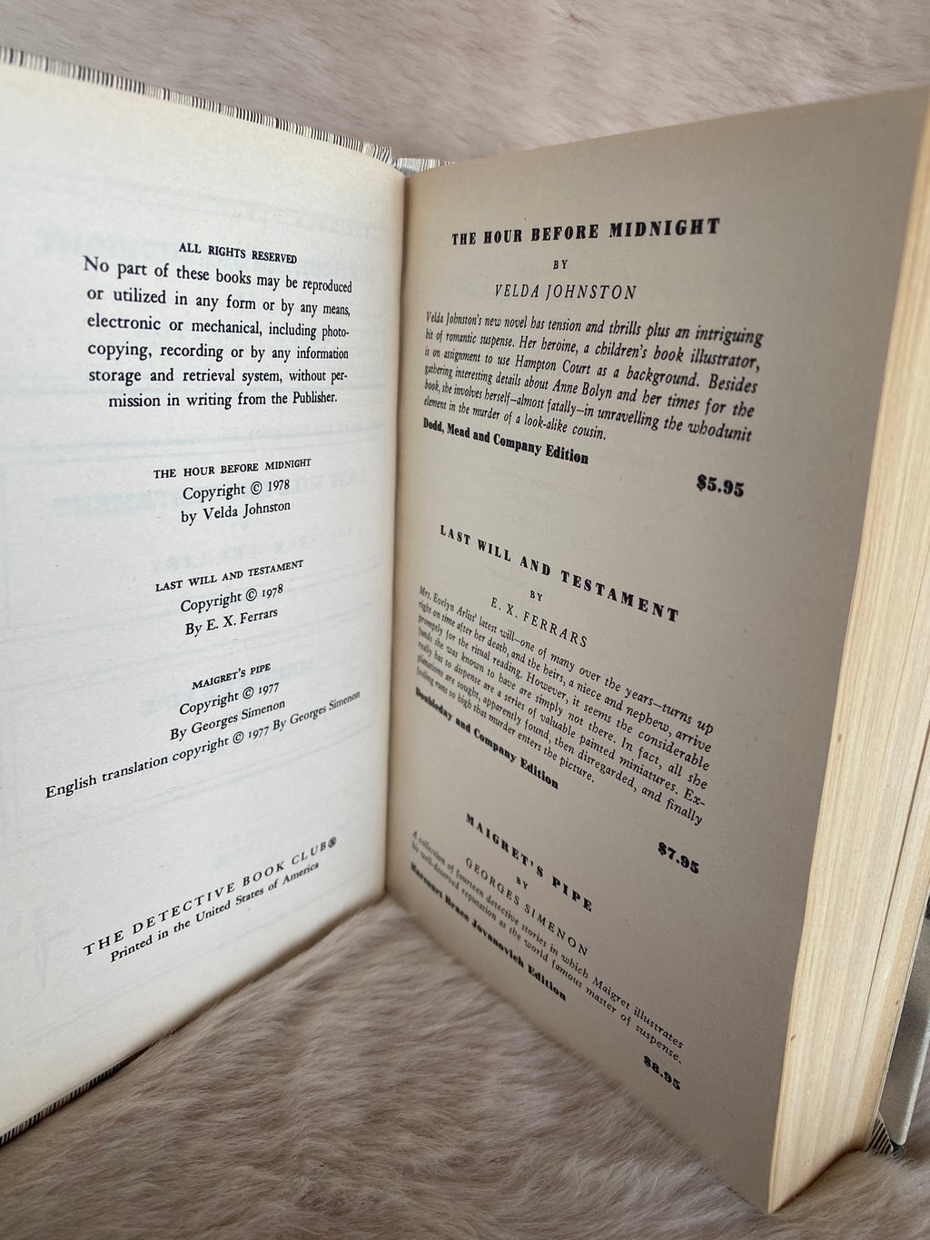 Set of Two Detective Book Club volumes: Eberhart, James, Allbeury, Johnston, Ferrars, Simenon