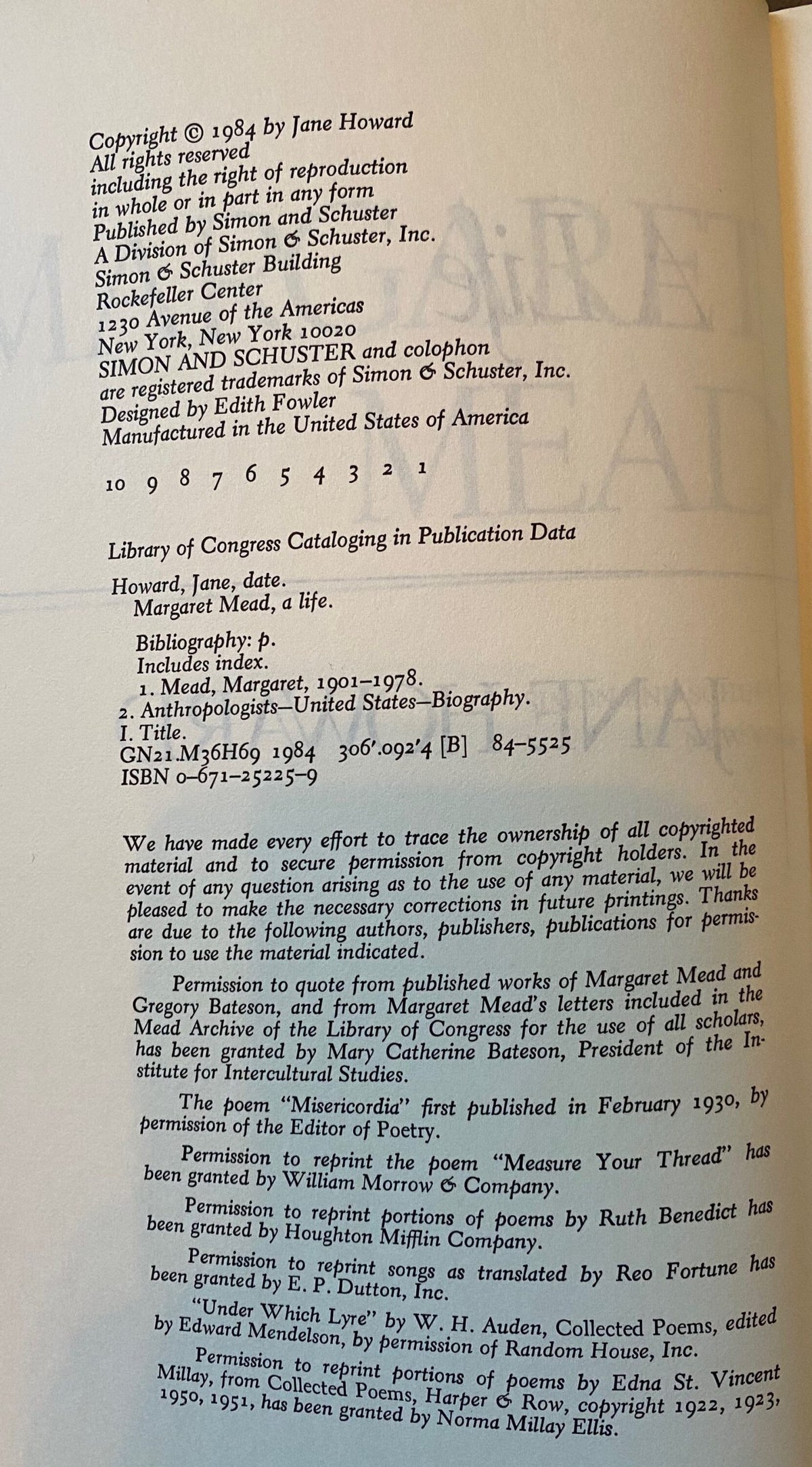 Margaret Mead: a Life, by Jane Howard, 1984, 1st edition
