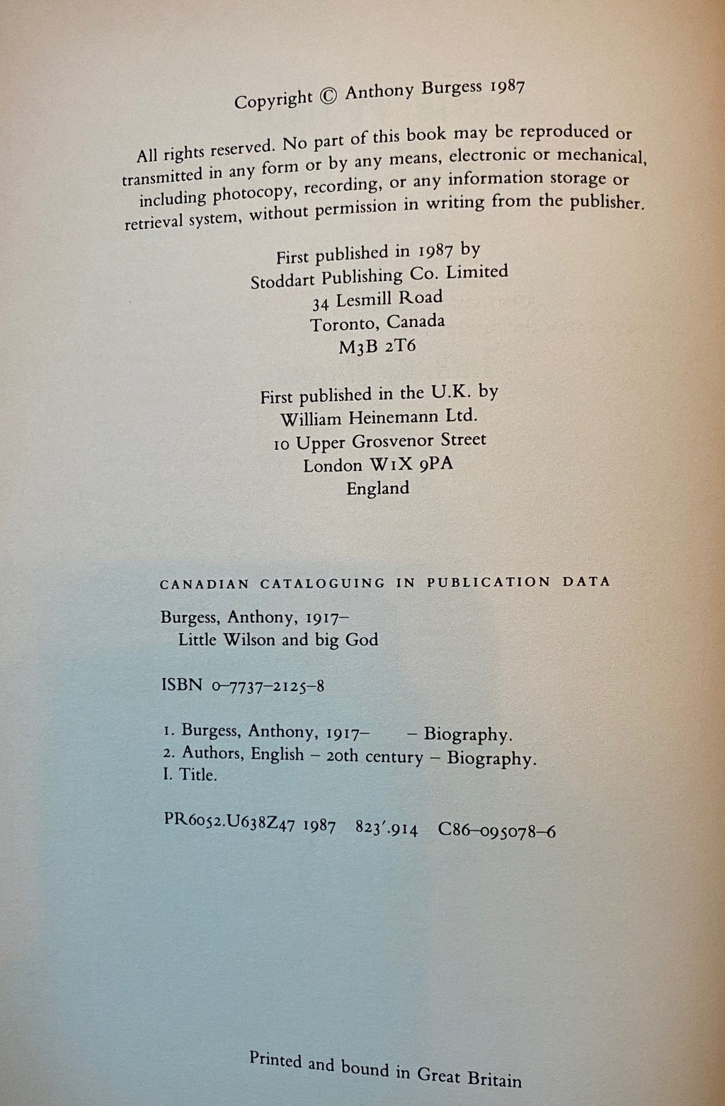 1987 First edition - Little Wilson and Big God: Being the First Part of Confessions of Anthony Burgess
