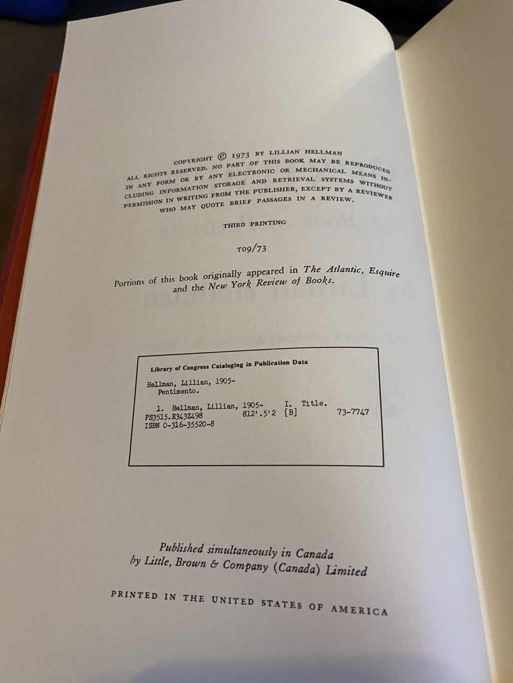 1973 Pentimento: A Book of Portraits, by Lillian Hellman
