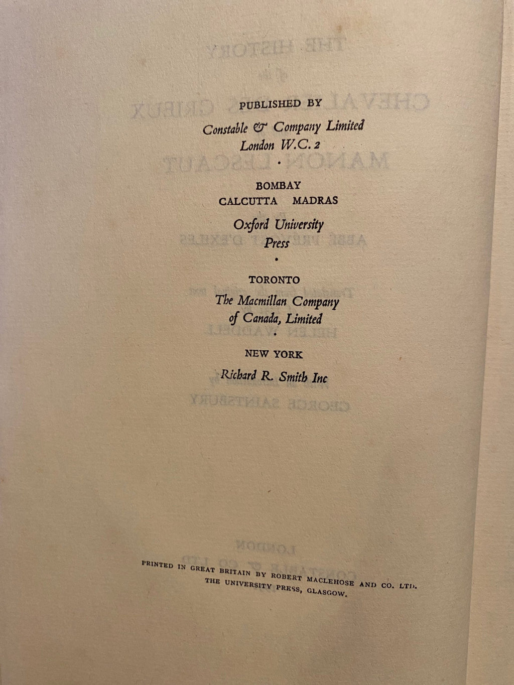 1931: The History of Chevalier Des Grieux and of Manon Lescaut, by Abbe Prevost D'Exiles