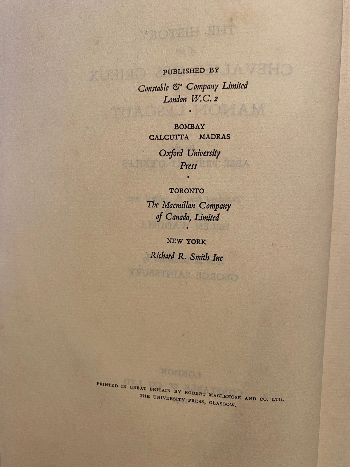 1931: The History of Chevalier Des Grieux and of Manon Lescaut, by Abbe Prevost D'Exiles