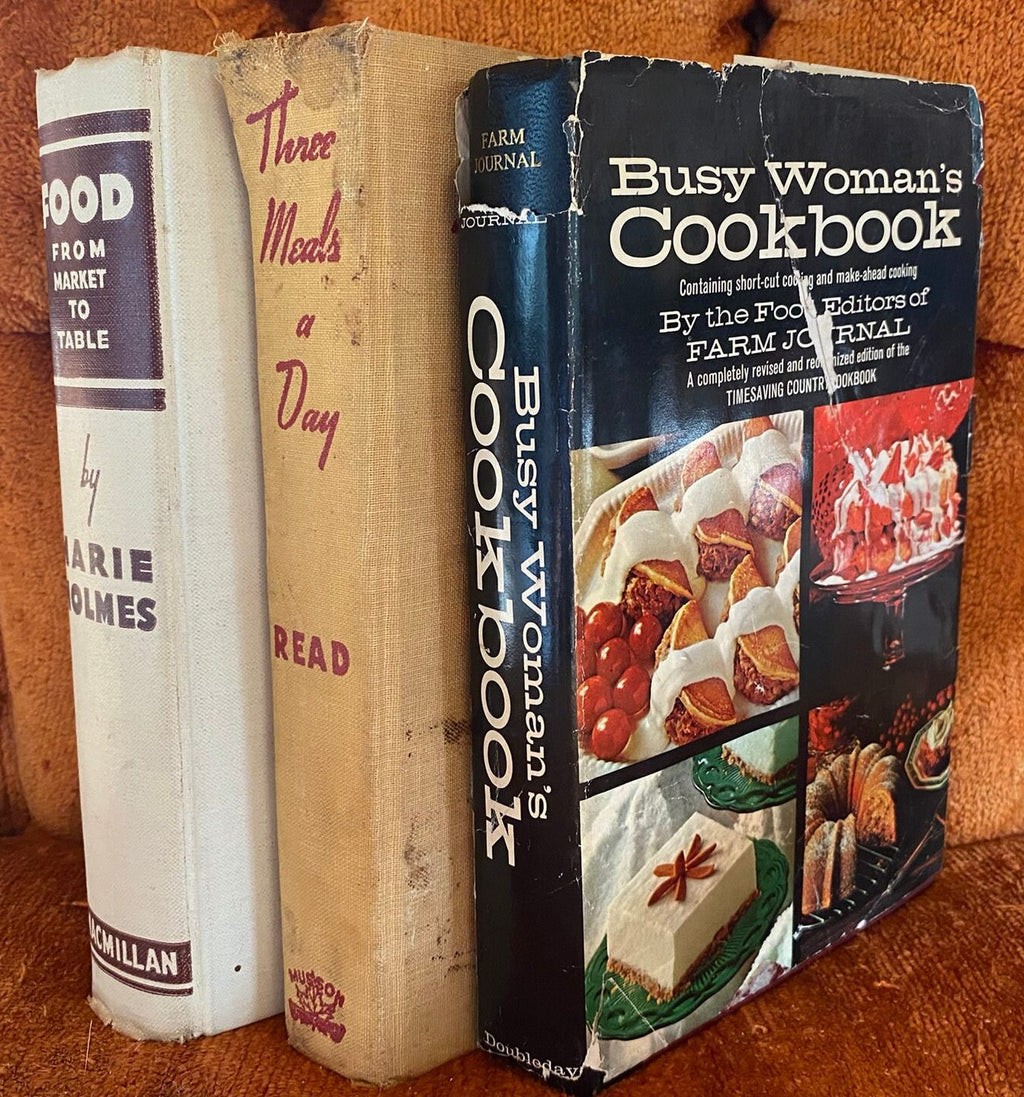 Set of 3 Vintage Cookbooks: Food from Market to Table, Three Meals a Day, Busy Woman's Cookbook
